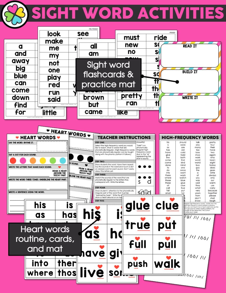 A colorful educational image showcasing sight word activities, flashcards, and practice mats for literacy intervention and small group instruction, emphasizing sight words and high-frequency words.