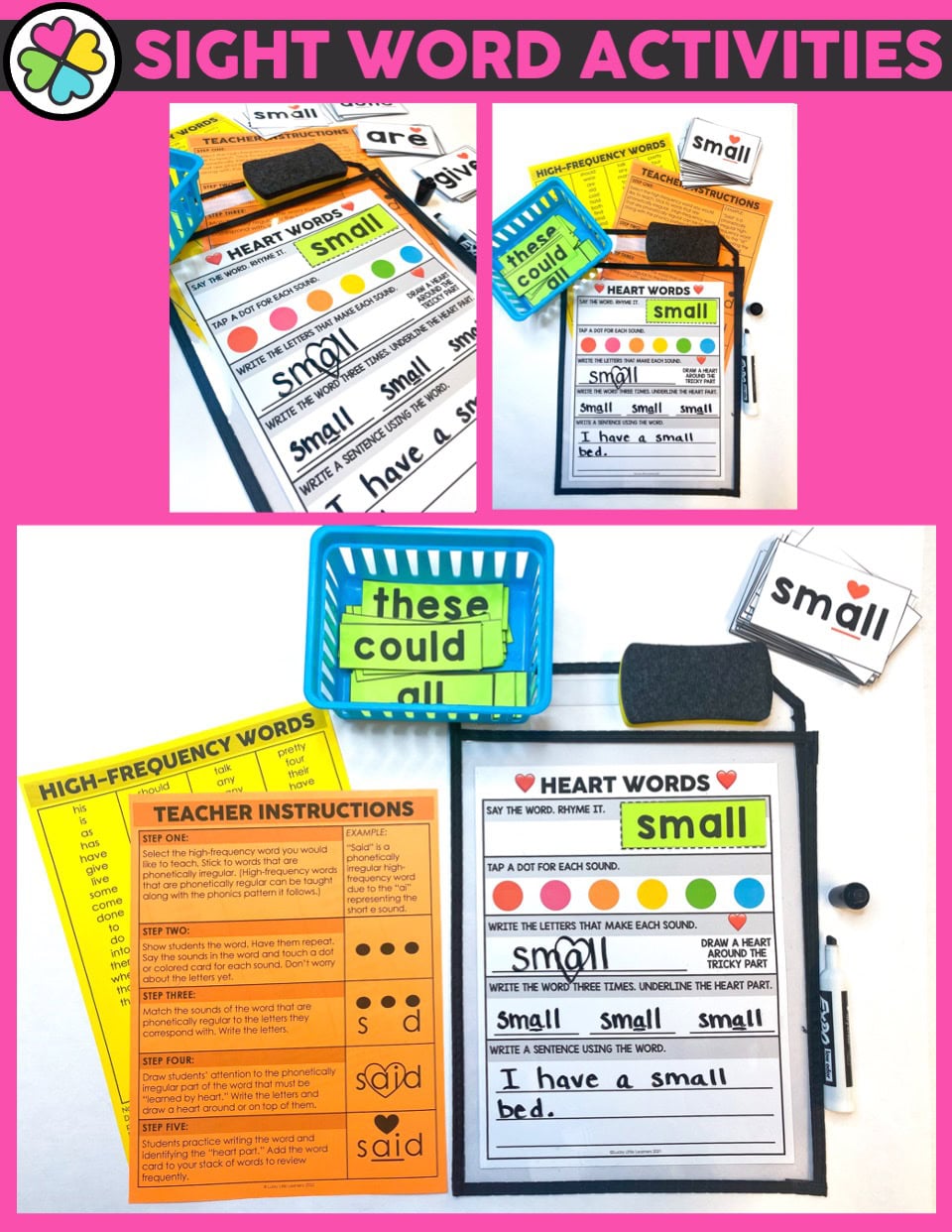 Engaging sight word activities for literacy intervention and small group learning, featuring colorful materials and interactive tools to support early reading skills.