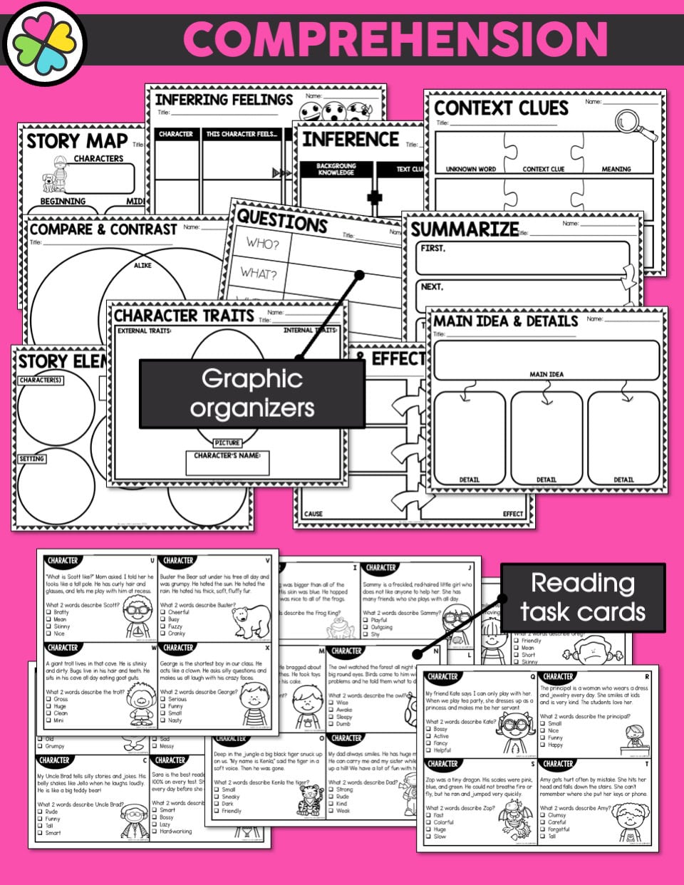 Enhance literacy skills with graphic organizers and reading task cards from Lucky Little Learners' Literacy Intervention and Small Group Kit, designed for effective small group instruction.