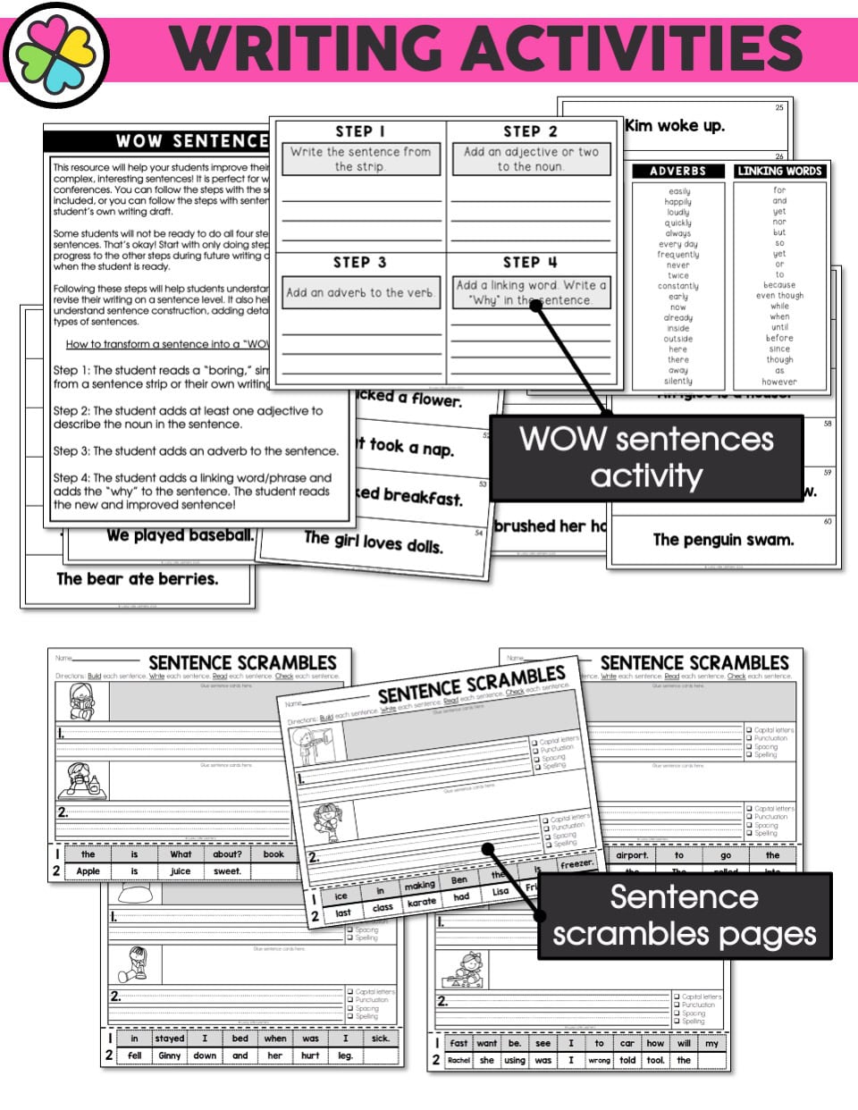 A detailed image of writing activities focused on WOW sentences and sentence scrambles, designed for literacy intervention and small group instruction, featuring colorful headers and instructional st.