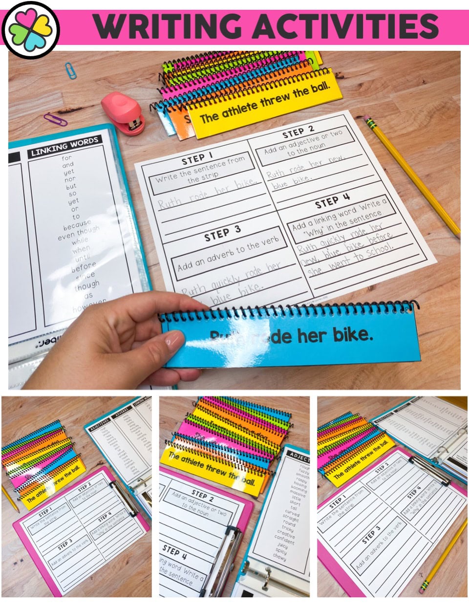 A colorful literacy intervention and small group writing activity kit featuring step-by-step instructions, printable worksheets, and engaging materials for early learners.