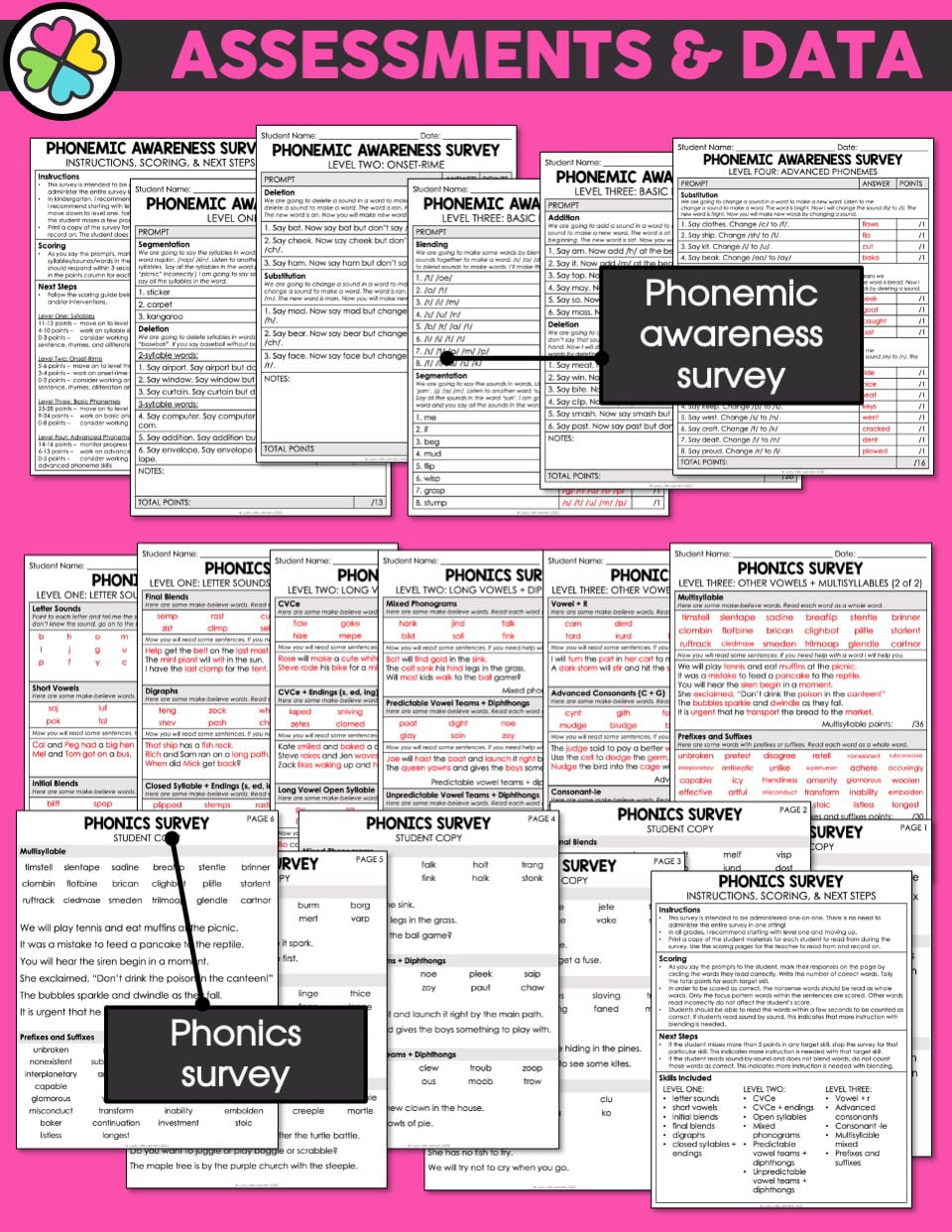 A detailed image of various phonemic awareness survey and assessment forms, including phonics survey sheets, with a pink header titled "ASSESSMENTS & DATA" for literacy intervention and small group i.