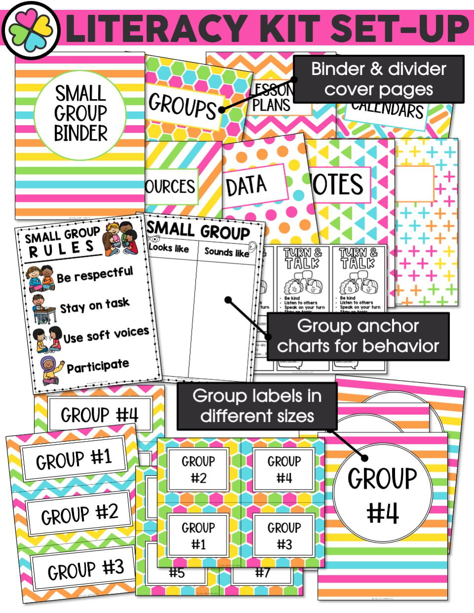 Small group literacy intervention kit with colorful materials including binders, divider cover pages, group labels, and behavior charts for early education classrooms.