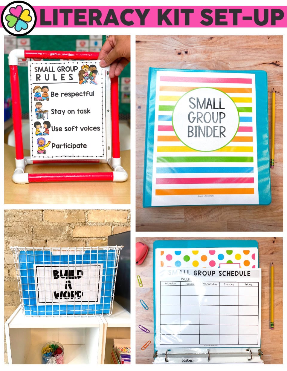 Be respectful small group literacy kit set-up with rules, binder, schedule, and materials for effective literacy intervention and small group instruction.