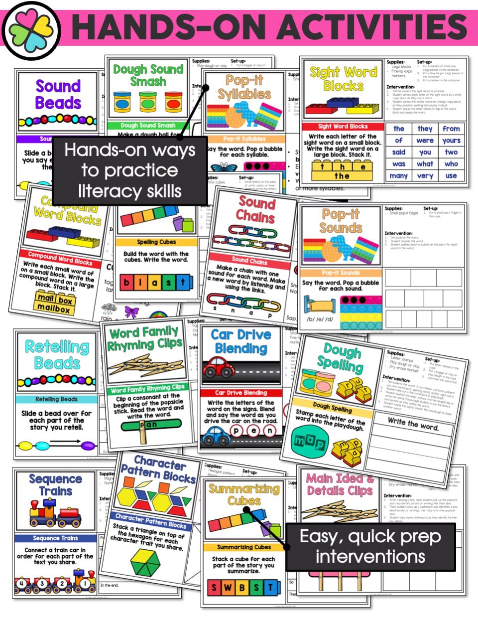 Enhance literacy skills with hands-on activities from Lucky Little Learners' Literacy Intervention and Small Group Kit, featuring sound chains, word blocks, and phonics games for early learners.