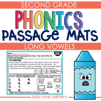 A colorful educational poster for second grade phonics, focusing on long vowels, decodable reading comprehension passages, and phonics mats to enhance early literacy skills.