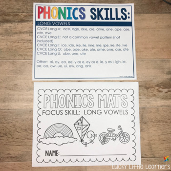 Long Vowels phonics mats for 2nd grade decodable reading comprehension, featuring long vowel sounds, CVCE, and other phonics skills to support early literacy and reading development.