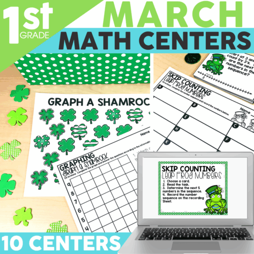 March Math Centers and Activities for 1st Grade featuring graphing, skip counting, and number activities to enhance early math skills for young learners.