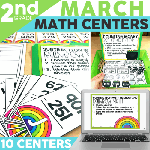 Second grade March math centers for 2nd grade, featuring subtraction, counting money, and rainbow math activities to enhance learning and engagement in the classroom.