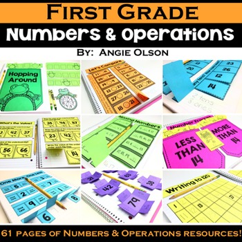 Hopping Around math game, colorful number and operation worksheets for 1st grade, includes flashcards and writing activities from Lucky Little Learners for early math skills.