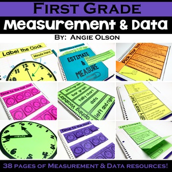 A colorful collection of 1st Grade Math Notebook pages focused on measurement and data, including clocks, estimation, and data analysis activities, designed to enhance young learners' math skills.