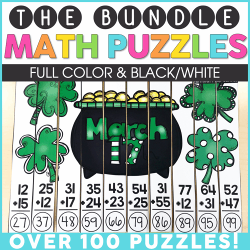 Colorful math puzzles bundle for March with full-color and black/white options, featuring shamrocks and numbers, ideal for early learners and classroom activities.