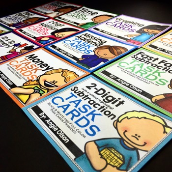 Math task cards bundle for centers and games, featuring colorful subtraction, addition, and math practice cards designed for elementary classroom activities and engaging learning.