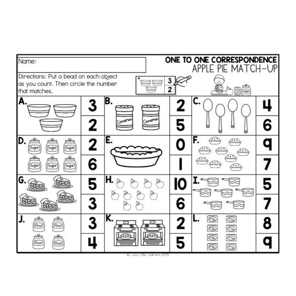 Math Worksheet - September - One to One Correspondence - Apple Pie ...