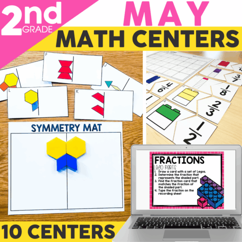 May Math Centers for 2nd Grade featuring engaging activities like symmetry mats, fraction lessons, and number games to enhance second graders' math skills and learning fun.