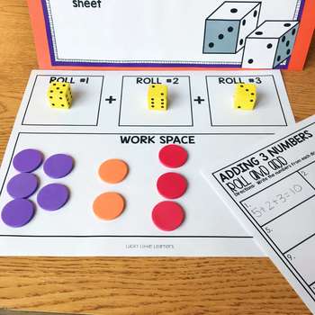 A colorful math activity sheet for 1st grade students featuring dice, counters, and addition practice, perfect for November math centers and engaging early learners in math skills.