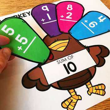 A colorful Thanksgiving-themed math activity for 1st grade students featuring a turkey with numbered feathers representing addition problems, perfect for November math centers and activities.
