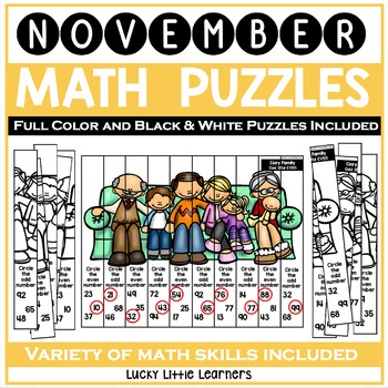 Enjoyable November math puzzles for kids featuring full-color and black & white options, perfect for developing math skills with engaging activities from Lucky Little Learners.
