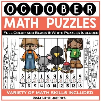 A colorful October Math Puzzles worksheet featuring fall-themed characters and numbers, designed to enhance math skills with full-color and black & white puzzles for early learners.