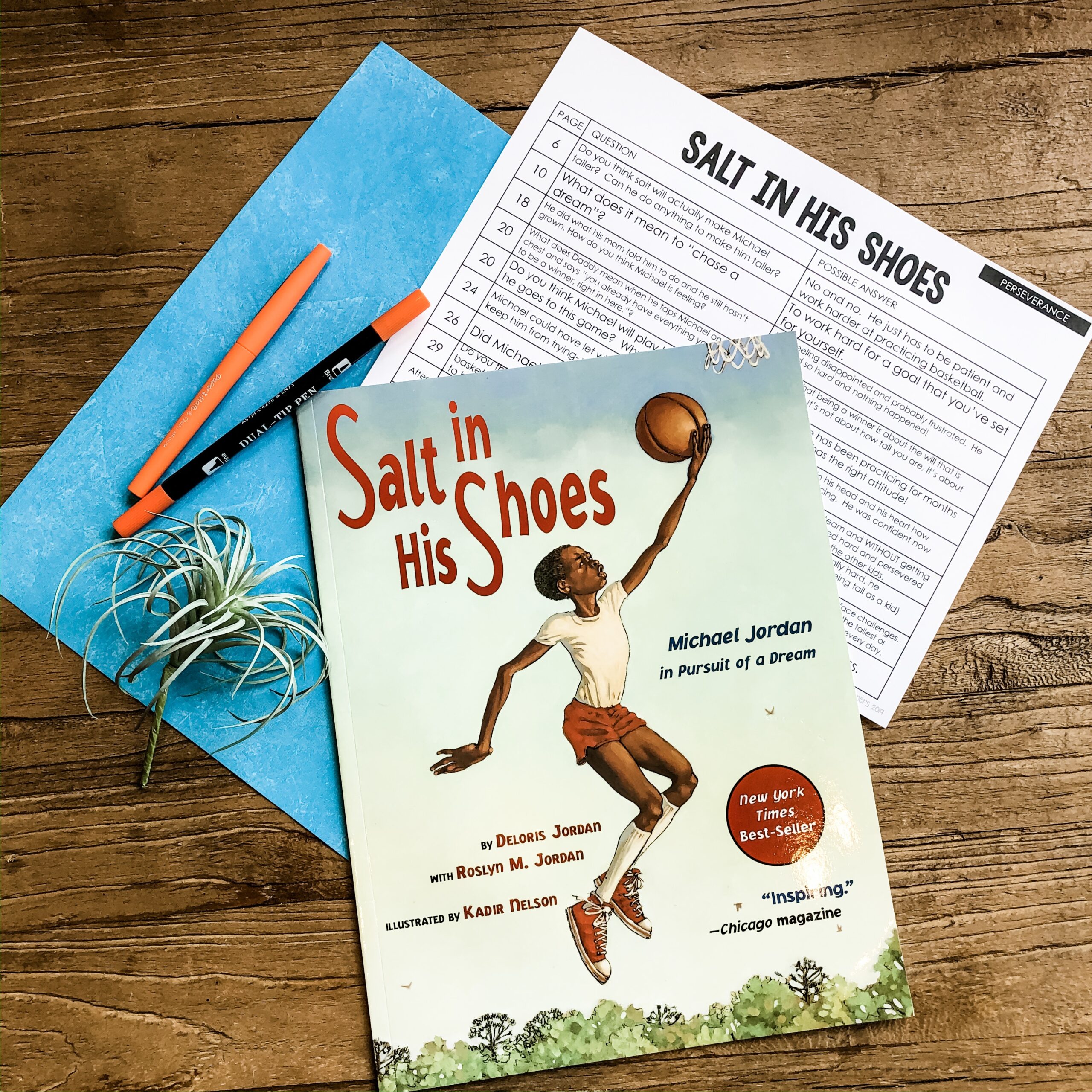 Salt in His Shoes book cover with a basketball, notebook, pencil, and paper on a wooden surface, illustrating perseverance and social emotional learning for 1st and 2nd grade students.