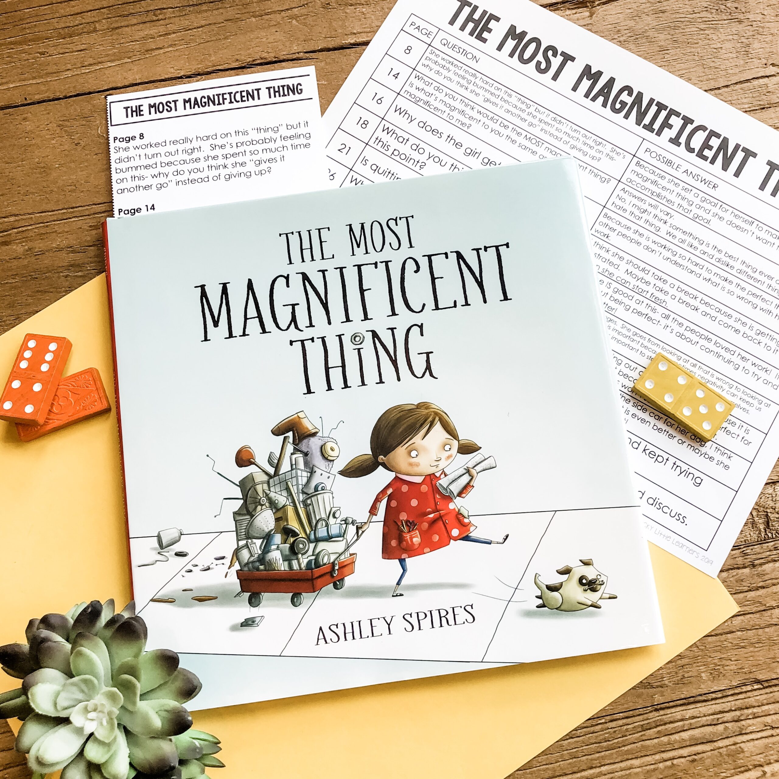 A colorful educational book titled "The Most Magnificent Thing" by Ashley Spires, designed for teaching perseverance and social emotional learning to 1st and 2nd graders, with related activity sheets.