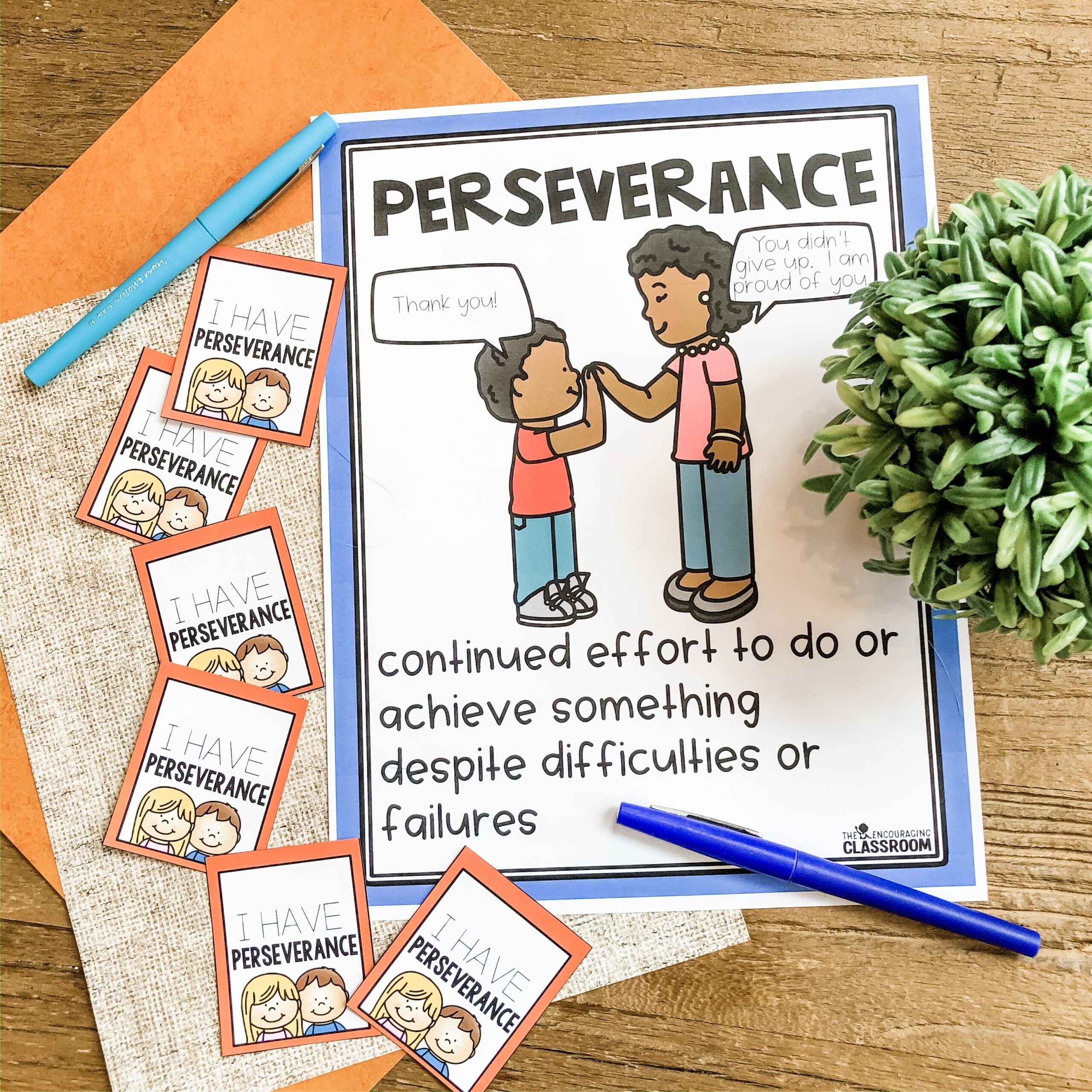 Perseverance social emotional learning poster for 1st and 2nd grade, featuring a cartoon of a child and teacher shaking hands, emphasizing continued effort despite difficulties, ideal for classroom u.