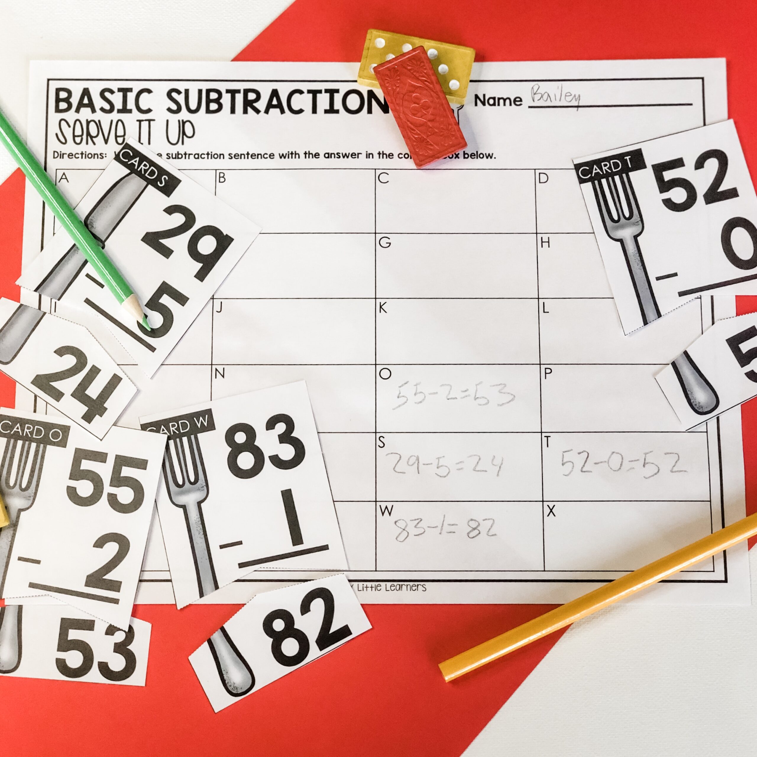 An engaging second grade math activity featuring subtraction practice with colorful number cards and a worksheet for November math centers and activities.