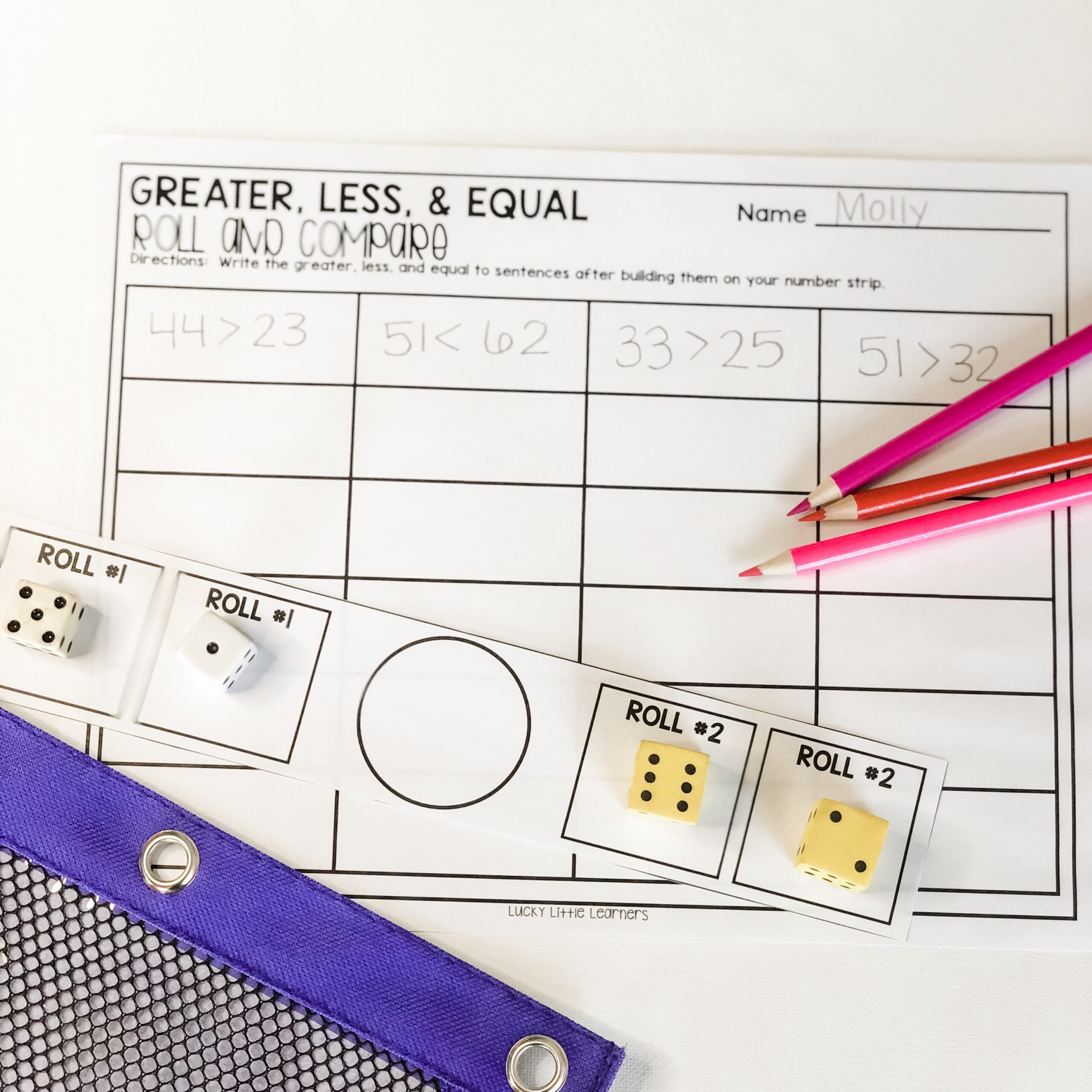 An engaging second-grade math activity featuring number comparisons, dice rolls, and recording greater, less, and equal relationships for November math centers.