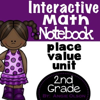 Interactive math notebook cover for 2nd grade, focusing on place value units, featuring a young girl with pigtails, purple polka dot dress, and bold, colorful text for engaging elementary students.