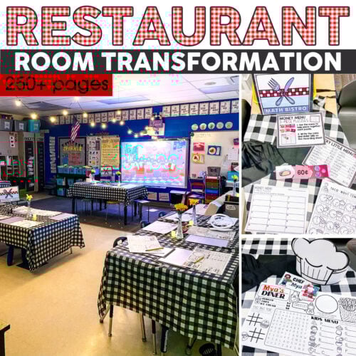 A colorful classroom transformed into a restaurant setting with themed tables, menus, and decor for educational role-playing activities, perfect for engaging students in restaurant-themed learning.