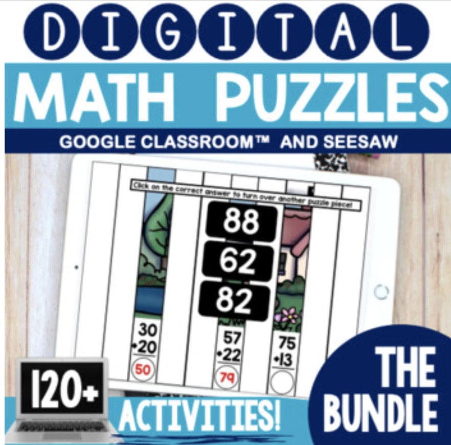 Engaging digital math puzzles bundle for Google Classroom and Seesaw, featuring interactive activities to enhance students' math skills with over 120+ fun, educational puzzles for classroom learning.