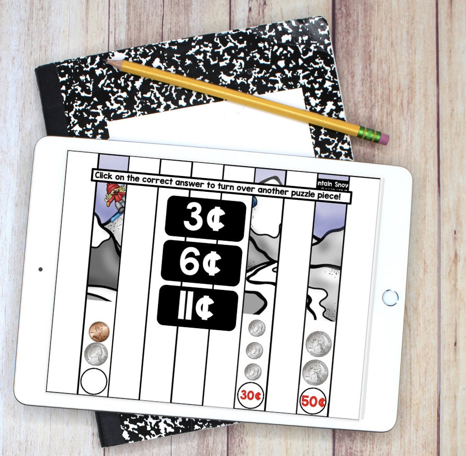 Engaging digital math puzzles for kids on an iPad, featuring coin counting and addition activities to enhance early math skills, perfect for classroom or homeschooling learning environments.