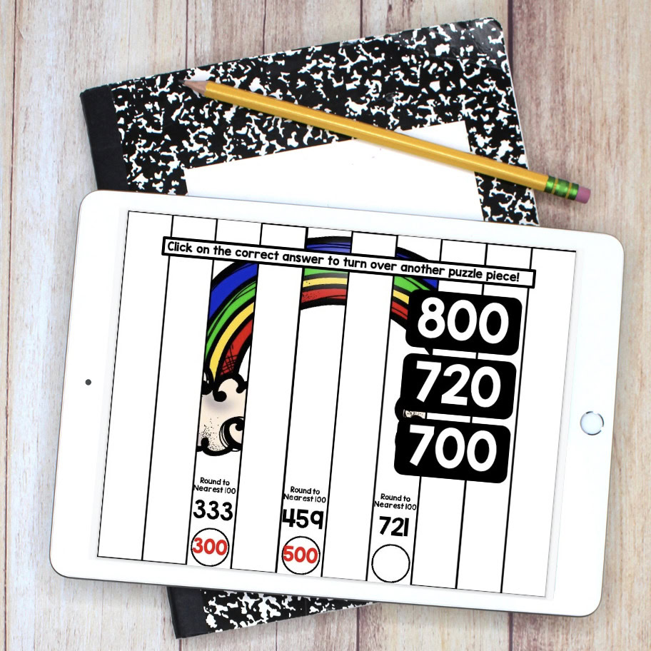 Learn digital math puzzles on iPad with colorful rainbow and number rounding activities for kids, perfect for engaging math practice and educational fun from Lucky Little Learners.