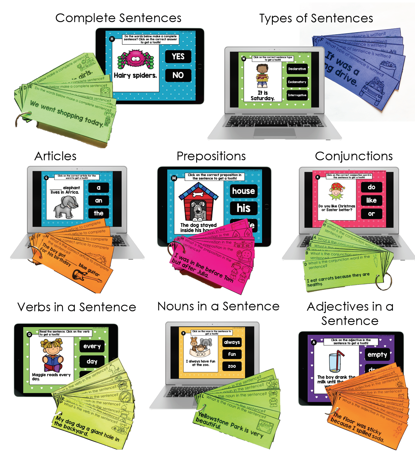 A colorful educational image showcasing printable and digital sentence activities from Lucky Little Learners, focusing on sentence types, prepositions, conjunctions, verbs, nouns, and adjectives for.