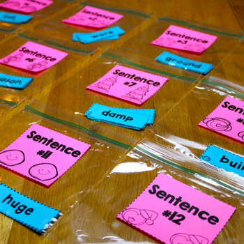A colorful collection of pink and blue sentence scramble cards with words and images, designed for early literacy activities, part of the Seasonal Sentence Scrambles Bundle for engaging learning.