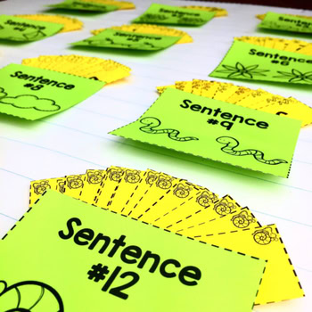 A colorful set of seasonal sentence scramble cards for early learners, featuring bright green and yellow designs to enhance sentence building skills and literacy development.