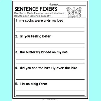 A colorful worksheet titled "Sentence Fixers" with five sentences for students to correct, featuring a butterfly illustration and space for student names and directions.