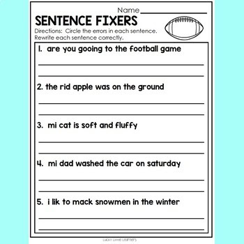 A colorful educational worksheet titled "Sentence Fixers" with sentences and blank lines for students to correct errors, designed for early literacy practice.