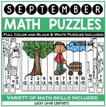 A colorful September Math Puzzles poster featuring a girl with a cart, a tree, and various math puzzles for kids, perfect for engaging students in math skills practice.