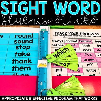 A colorful set of sight word fluency sticks and tracking chart designed to improve early reading skills and sight word recognition for young learners.