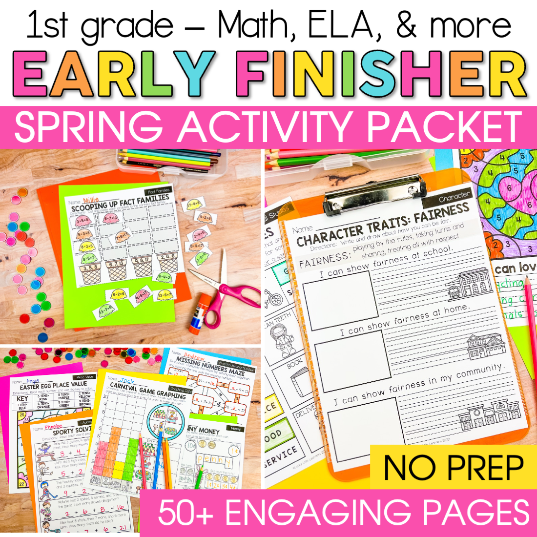 A colorful educational activity packet for 1st grade students featuring spring-themed math, ELA, and more, designed to promote early finishing skills with engaging, no-prep printable pages.