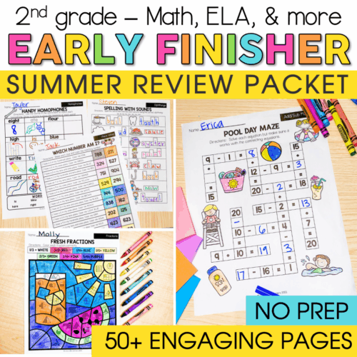 Engaging 2nd grade summer review packet for early finishers focusing on math, ELA, and more, with colorful worksheets, fun activities, and no prep required, ideal for summer learning reinforcement.