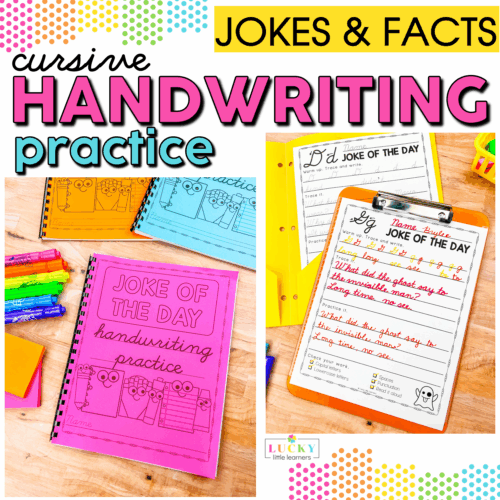 A colorful collection of cursive handwriting practice worksheets featuring jokes and facts for kids, including joke of the day pages, handwriting exercises, and fun learning activities.