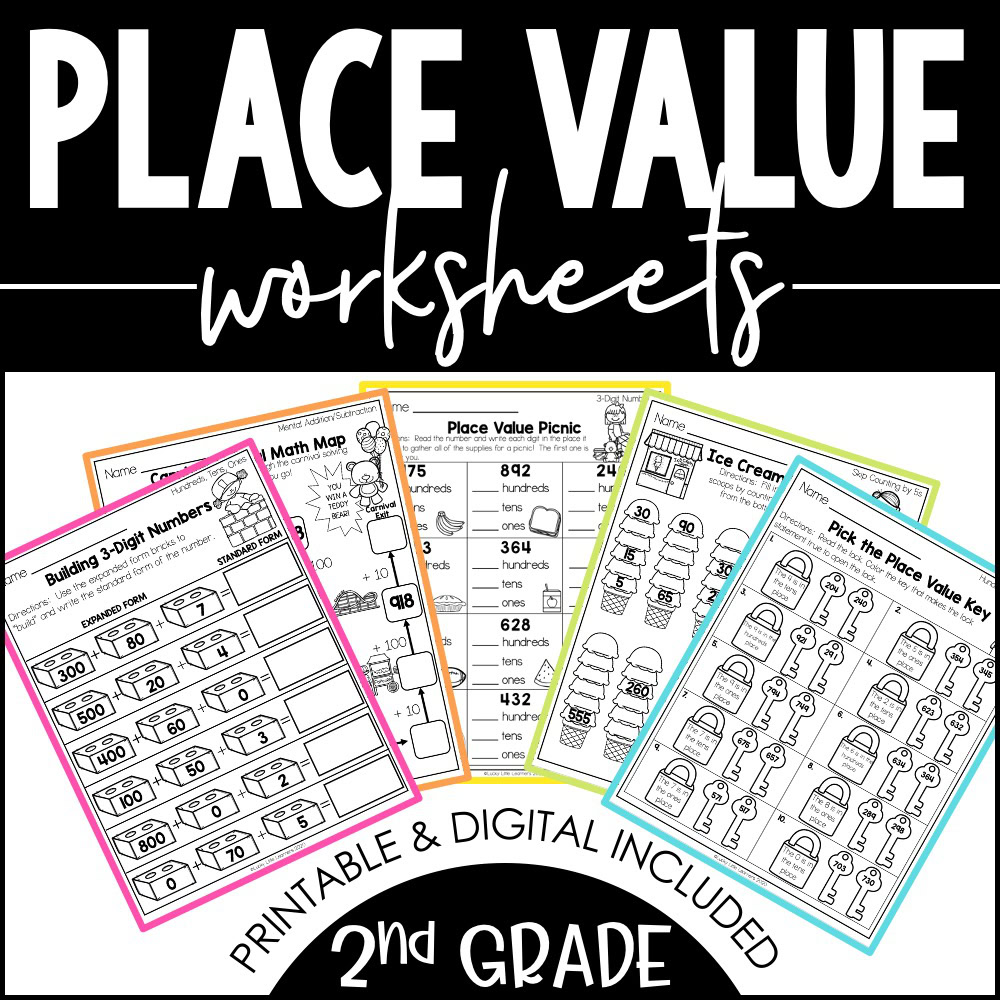 Place Value Worksheets for 2nd Grade, printable and digital, featuring engaging activities like building 3-digit numbers, number maps, and ice cream themed exercises for math practice.