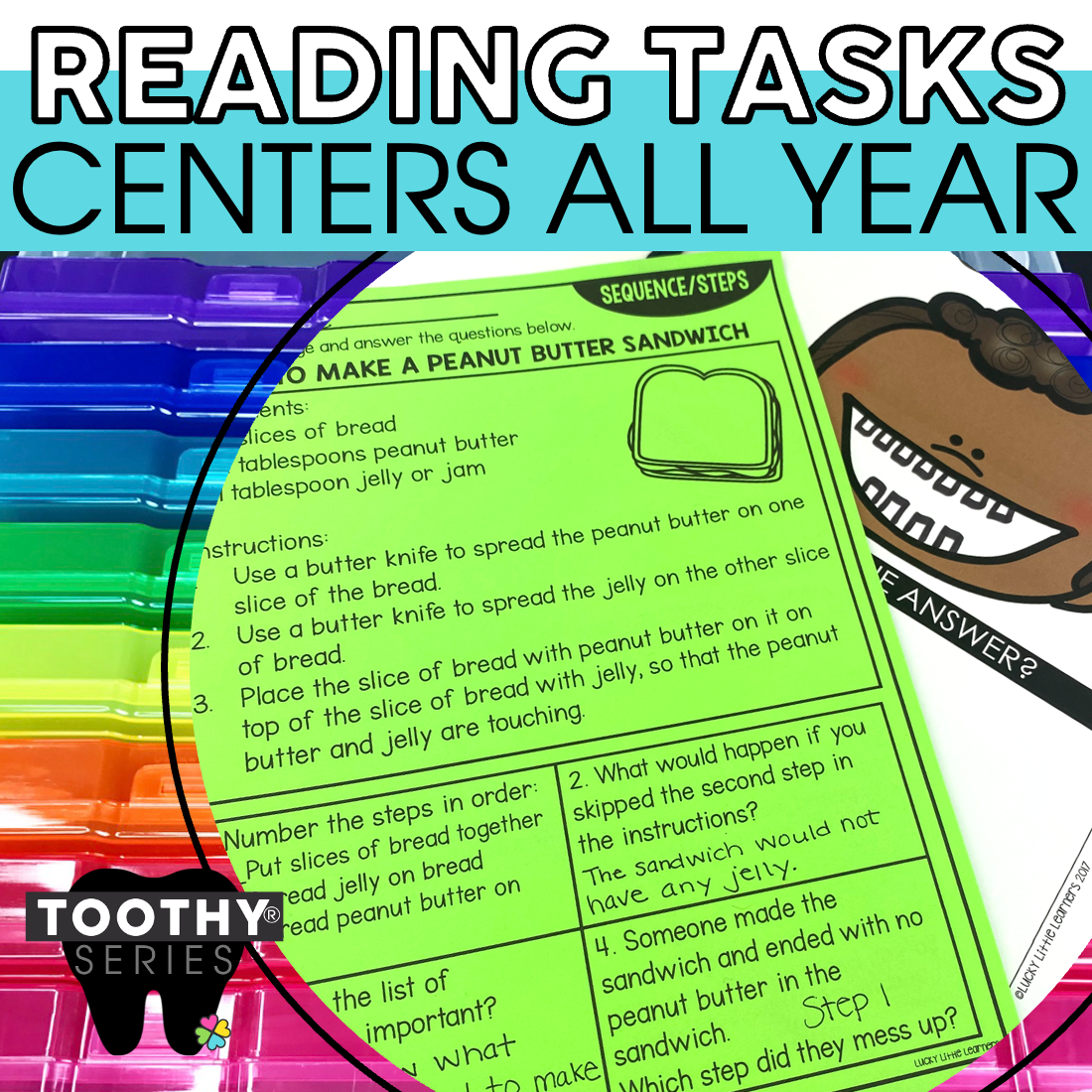 Making a peanut butter sandwich reading comprehension task for 3rd grade students, focusing on sequencing steps and key details, from Lucky Little Learners.