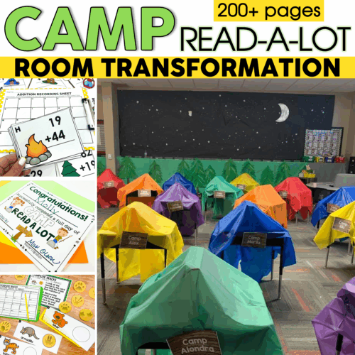 A colorful camping-themed classroom transformation with tents, moonlit sky mural, and educational activities, creating an engaging outdoor-inspired learning environment for students.