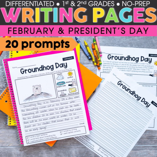 First and second grade February writing prompts for Groundhog Day, including printable and digital activities, perfect for NO-PREP classroom use and engaging students in creative writing.