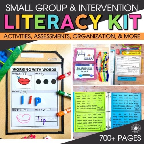 Literacy intervention small group kit with activities, assessments, and organization tools for early learners, featuring colorful materials and engaging exercises for reading success.