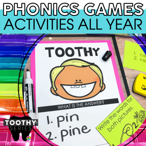 A colorful educational image showing phonics task cards from the Lucky Little Learners Toothy® series, featuring activities for phonics practice and literacy development for children.