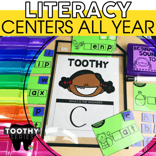 A colorful educational literacy center display featuring Toothy® literacy task cards for kindergarten, with alphabet activities, sound recognition, and engaging learning tools for early literacy deve.